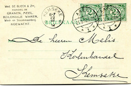 1912 Kaart 2 X 2.5ct Van Wed. DE BLIECK  Maalderij KOEWACHT Naar Melis Kolenhandel - Sterstempels Axel En Kemseke - Lettres & Documents