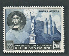 SAN MARINO 1952 COLOMBO POSTA AEREA  200 L. ** MNH CENTRATO - Unused Stamps