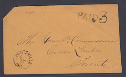 Canada 1872 Stampless Cover, Huntsville Ont, Paid 3 To Toronto - ...-1851 Prefilatelia