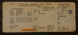 TRENES - RENFE -  AVE ESPAÑA. BILLETE TICKET GRANADA A ZARAGOZA - Europe