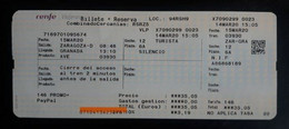 TRENES - RENFE -  AVE ESPAÑA. BILLETE TICKET ZARAGOZA A GRANADA. - Europe