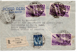 53216 - Italien - 1948 - 3@50Lire Etc. A. R-Lp.-Bf. ROMA Nach NOTRE DAME, IN (USA) - 1946-60: Storia Postale