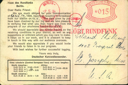 1934, Freistempel "HÖRT RUNDFUNK" Auf Karte Nach USA Mit Der Bitte Um Bestätigung Der Empfangsqualität. - Machine Stamps (ATM)