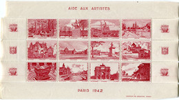 FRANCE BLOC DE 12 VIGNETTES " AIDE AUX ARTISTES PARIS 1942 " - Blocks Und Markenheftchen