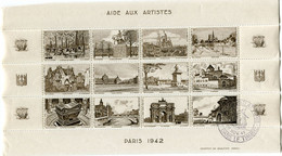 FRANCE BLOC DE 12 VIGNETTES " AIDE AUX ARTISTES PARIS 1942 " AVEC OBLITERATION ILLUSTREE DU 23 NOV 41 - Blocks Und Markenheftchen