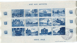 FRANCE BLOC DE 12 VIGNETTES " AIDE AUX ARTISTES PARIS 1942 " AVEC OBLITERATION ILLUSTREE DU 23 NOV 41 - Blocks Und Markenheftchen