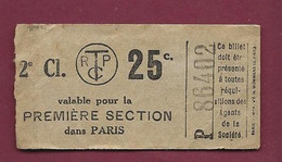 081021 - TICKET TRANSPORT METRO CHEMIN DE FER TRAMWAY - FRANCE RTCP 2e Cl 25c P86402 1re SECTION PARIS TRAM PUB NICOLAS - Europe