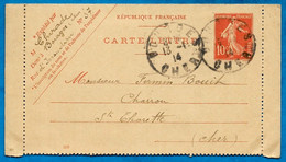 1914 CARTE-LETTRE De 18 Bourges à Ste SAINTE-THORETTE Pour M. BOUIT Charron (Ratelier Rétréci !) - Cartes-lettres