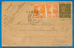 En L'état CARTE-LETTRE Semeuse Lignée Avec Complément D'affranchissement 75 Paris EV "En Ville" Curé ND De Lorette - Cartes-lettres