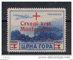 MONTENEGRO - OCCUPAZ. TEDESCA:  1944  P.A. SOPRASTAMPATO  -  0,25 + 2,75 Rm/£. 1  AZZURRO  N. -  SASS. A 10 - Occup. Tedesca: Montenegro