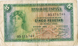 Billete Republica ESPAÑA  5 Pts 135,  Usado Serie B - 5 Pesetas