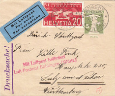 Schweiz 1933 Schleife Streifband 5 Rp. Hellgrün Baer SB53 Mit Zusatzfrankatur Flugpost KÜSNACHT Nach Deutschland (r262) - Postwaardestukken