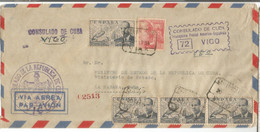 VIGO PONTEVEDRA 1954 CC CDA AEREA FRANQUICIA POSTAL AMERICO ESPAÑOLA CONSULADO DE CUBA ALTO FRANQUEO - Franchise Postale