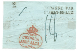 DEVANT DE LETTRE AVEC MARQUE D'ENTREE ESPAGNE PAR ST JEAN DE LUZ N° 107 / CORDOBA AND .ALTA / POUR RUGLES - Entry Postmarks