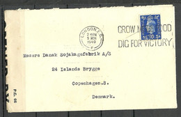 Great Britain  1940 Cover To Denmark Opened By Censor  Slogan Grow More Food Dig For Victory Stamp With Perfin - Storia Postale