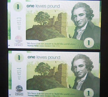 United Kingdom England 2013: Lewes 2 X 1 Pound Consecutive Serial Numbers Unc - 1 Pound