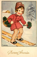 T. GOUGEON Gougeon * CPA Illustrateur * Enfant Fillette à Ski * Skieur Skieuse Sports D'hiver Neige * Bonne Année - Gougeon