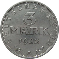 LaZooRo: Germany 3 Mark 1922 A XF / UNC - 3 Mark & 3 Reichsmark