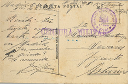 1938 , T.P. CIRCULADA , MADRID - SEVARES ( ASTURIAS ) , CENSURA MILITAR , FRANQUICIA REG. INFANTERIA SAN QUINTÍN , 5º BT - Briefe U. Dokumente