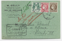 MAZELIN 2FR50+1FR+ 30C CHANE CARTE PRIVEE DOL DE BRETAGNE 1.2.1947 AU TARIF 3FR80 - 1945-47 Cérès Van Mazelin