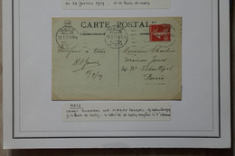 AC16 ELSASS ALSACE BELLE CARTE 1919 METZ A PARIS FRANCE  + AFFRANCH. INTERESSANT - Andere & Zonder Classificatie