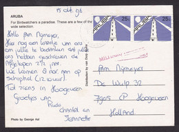 Aruba: Picture Postcard To Netherlands, 1996, 2 Stamps, Lighthouse, Red Cancel 'Military', Field Post? (traces Of Use) - Curacao, Netherlands Antilles, Aruba