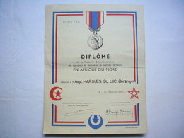 Diplôme Médaille Commémorative Opérations Afrique Du Nord Aspt Marques Du Luc Bérenger 1957 - Documentos