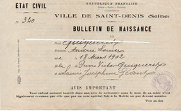1V9 Sv  Bulletin De Naissance Ville De Saint Denis (93) En 1902 (conseils Aux Méres Nourrices Au V°) - Non Classés