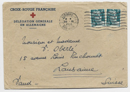 GANDON 2FRX2 LETTRE CROIX ROUGE DELEGATION EN ALLEMAGNE MECANIQUE STRASBOURG GARE 30.XI.1945 BAS RHIN POUR SUISSE - Rode Kruis