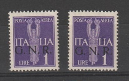 R.S.I.:  1944  P.A. SOPRASTAMPATI  G.N.R. -  £. 1  VIOLETTO  N. -  RIPETUTO  2  VOLTE  -  SASS. 121 - Correo Aéreo