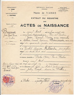 FRANCE - Extrait Du Registre Des Actes De Naissance - Mairie De Vabres (Tarn) - Fiscal 1,00F Taxes Communales 1965 - Altri & Non Classificati