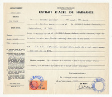 FRANCE - Extrait D'Acte De Naissance - Mairie Du Thor (Vaucluse) - Fiscal 1,00F Taxes Communales 1968 - Sonstige & Ohne Zuordnung