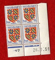 ARMOIRIE  BOURGOGNE  -   10c  Y & T N° 834 A   -  COINS DATES   26 01 1951   -  SANS TRACE DE CHARNIERE - 1950-1959