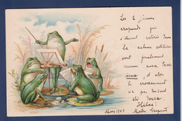 CPA Grenouille Frog Caricature Satirique Circulé Surréalisme Position Humaine - Fische Und Schaltiere