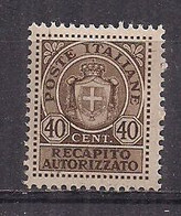 REGNO D'ITALIA LUOGOTENENZA 1945 RECAPITO AUTORIZZATO SENZA FASCI FILIGRANA RUOTA SASS. 6 MNH XF - Recapito Autorizzato