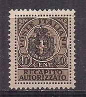 REGNO D'ITALIA LUOGOTENENZA 1945  RECAPITO AUTORIZZATO SENZA FASCI  SASS.5  MNH XF - Servicio Privado Autorizado