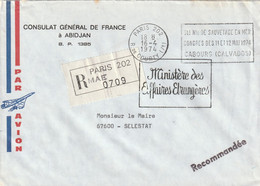FRANCE Lettre 1974 Valise Diplomatique Depuis ABIDJAN Puis Recommandée En France Pour SELESTAT - Cartas & Documentos
