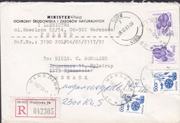 MINISTER Registered Einschreiben Label WARSZAWA 1991 Cover FJENNESLEV (SORØ Arr.) REadressed KØBENHAVN Denmark - Briefe U. Dokumente