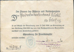 Verleihungsurkunde Ehrenkreuz Für Frontkämpfer Nürnberg 1935 - Historical Documents