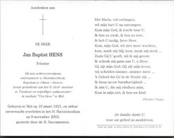 E.H. Jan Hens :  Mol 1921 - 2003 Aalmoezenier - Onder Pastoor Boortmeerbeek / Kapelaan Olmen - Devotieprenten