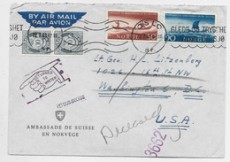 NORGE NORWAY 90 ORE+ 50 ORE + 10 OREPAIRE LETTRE COVER AMBASSADE SUISSE AIR  MAIL OSLO 22.7.1963 TO USA + RETOUR DECEDE - Lettres & Documents