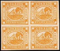 1858. BUENOS AIRES 5 P (CINCO P.) SHIP MOTIVE In Block Of Four. Interesting Old Forge... (Michel 4) - JF510081 - Buenos Aires (1858-1864)