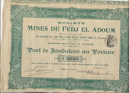 SOCIETE DES MINES DE FEDJ EL ADOUM -TUNISIE - PART DE FONDATEUR -ANNEE 1912 - Mineral