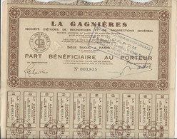 LA GAGNIERES -SOCIETE D'ETUDES DE RECHERCHES ET DE PROSPECTION MINIERE - 1957 -LOT DE 2 PARTS BENEFICIAIRE - Bergbau