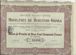 LOT DE 2 ACTIONS DE PRIORITE 250 FRS - SOCIETEFRANCO - RUSSE DES HOUILLERES DE BERESTOW-KRINKA -ANNEE 1910 - Mijnen