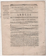 AN V ARRETE DE L'ADMINISTRATION CENTRALE DU DEPARTEMENT DU RHONE - PATENTES DE L'AN V / RECOUVREMENT - Decreti & Leggi