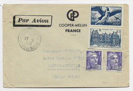 GANDON 4FR VIOLETX2+ N° 760 + PA 100FR LETTRE AVION MELUN ENTREPOT 17.9.1948 POUR CONGO BELGE AU TARIF - 1945-54 Marianne (Gandon)