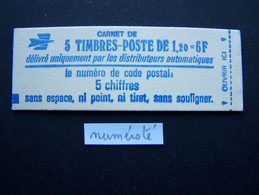 1974-C1a CARNET NUMEROTE FERME 5 TIMBRES SABINE DE GANDON 1,20 ROUGE CODE POSTAL (BOITE C) - Modernos : 1959-…