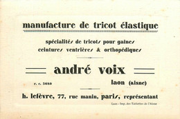 Laon * Manufacture De Tricot élastique André VOIX * Carte De Visite Ancienne * H. LEFEVRE 77 Rue Manin à Paris - Laon