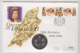 Isle Of Man 1996 Coin & Stamp Cover - Queen Elizabeth 70th Birthday Coin FDC - Île De  Man